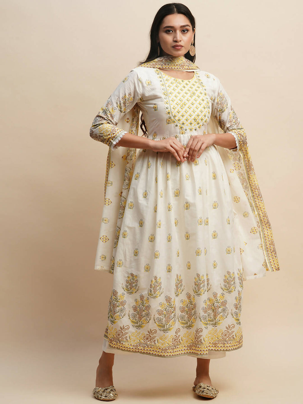 White And Yellow Pure Cotton Floral Printed Anarkali Kurta And Bottom With Dupatta - Akashara | Grocsy