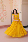 Vastranavya Yellow Faux Blooming With Sequins Multithreaded Beads Embroidered work Gown | Grocsy