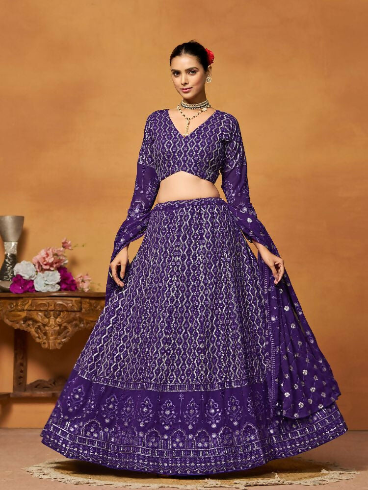 Purple Thread Sequence Embroidered Georgette Lehenga Choli - Jihu Culture | Grocsy