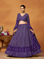 Purple Thread Sequence Embroidered Georgette Lehenga Choli - Jihu Culture | Grocsy