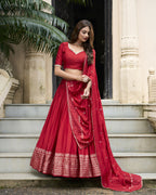 Lorenvalley Red Pure Chanderi Plain With Zari Weaving Work Border Lehenga Choli | Grocsy
