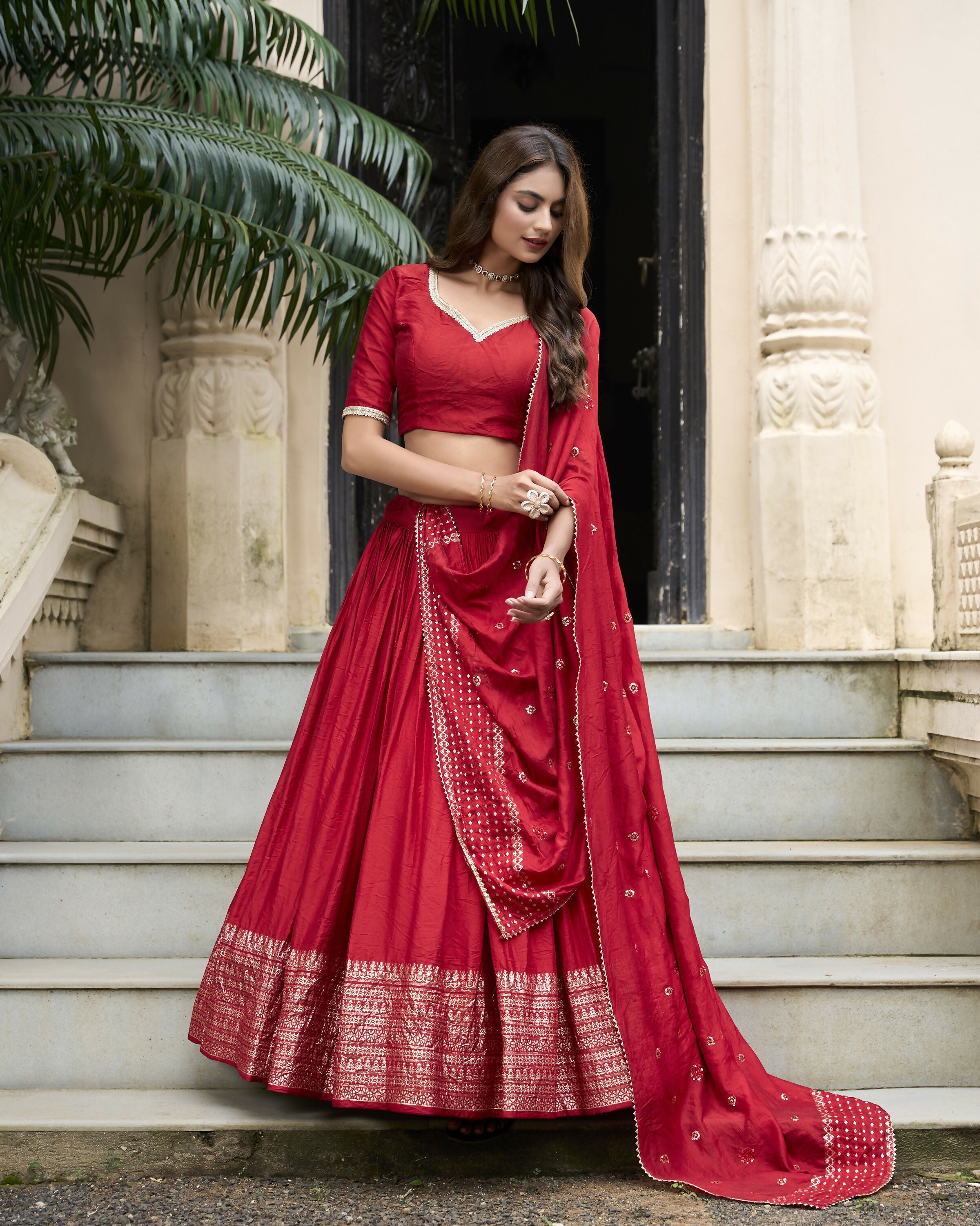 Lorenvalley Red Pure Chanderi Plain With Zari Weaving Work Border Lehenga Choli | Grocsy