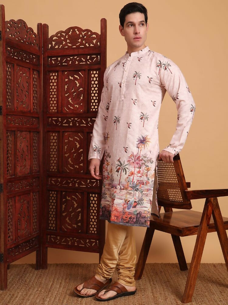 Peach Cotton Printed Chikankari Embroidery Work Kurta - Mahotsav | Grocsy