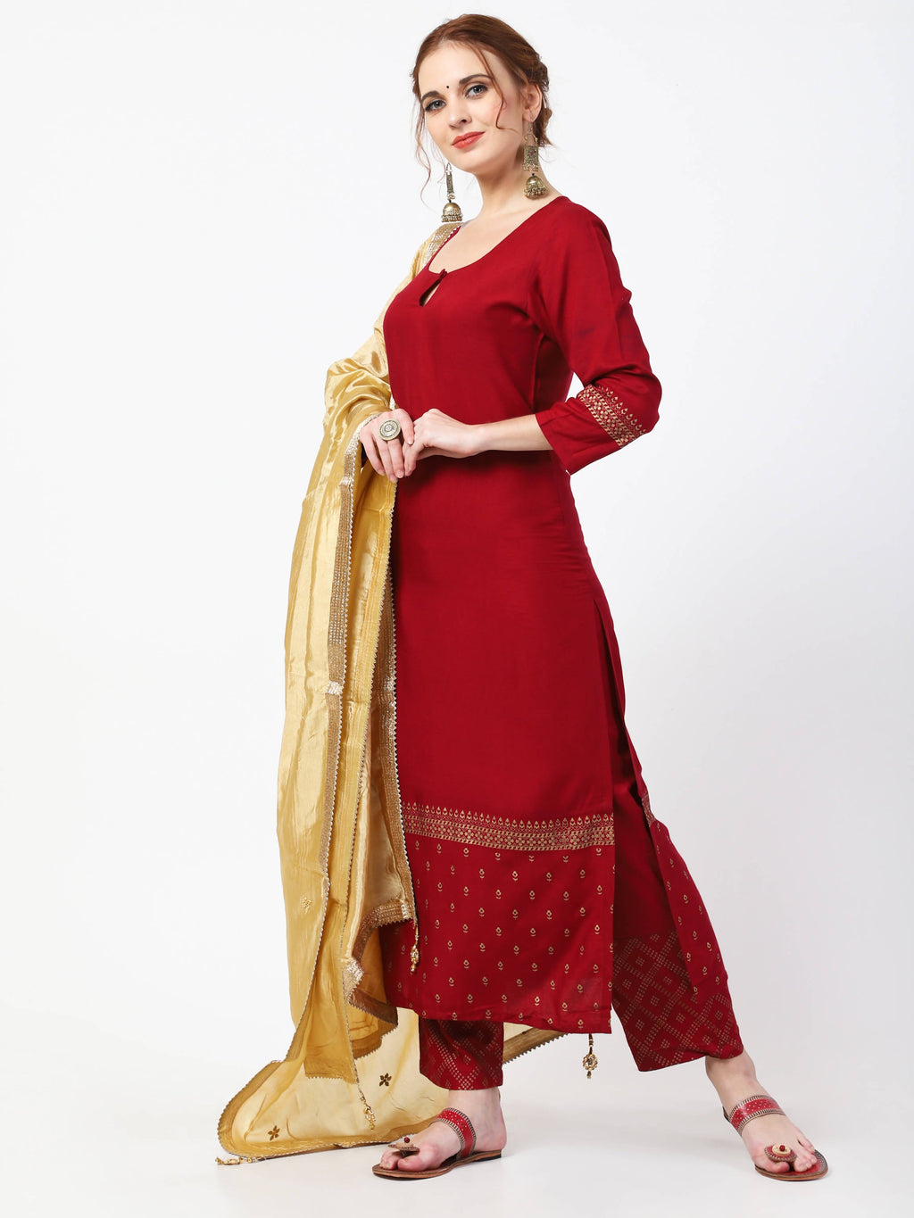 Cheera Maroon Kurta Palazzo & Silk Dupatta Set (CH-86KPD) | Grocsy