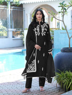 Nikhaar Black Embroidered Modal Silk Stitched Straight Cut Kurta Pants Dupatta Readymade Suit | Grocsy