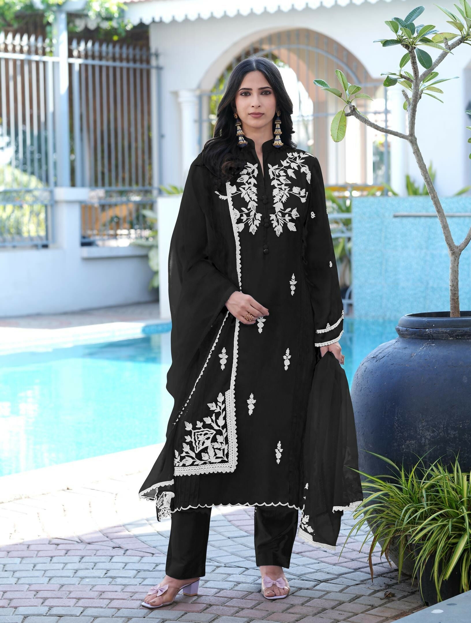 Nikhaar Black Embroidered Modal Silk Stitched Straight Cut Kurta Pants Dupatta Readymade Suit | Grocsy