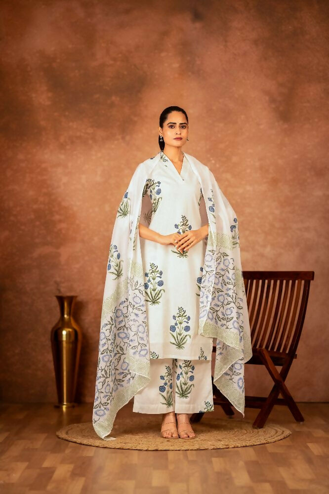 Joban Fashion Off White Blue Hand Block Printed Cotton Suit Set | Grocsy