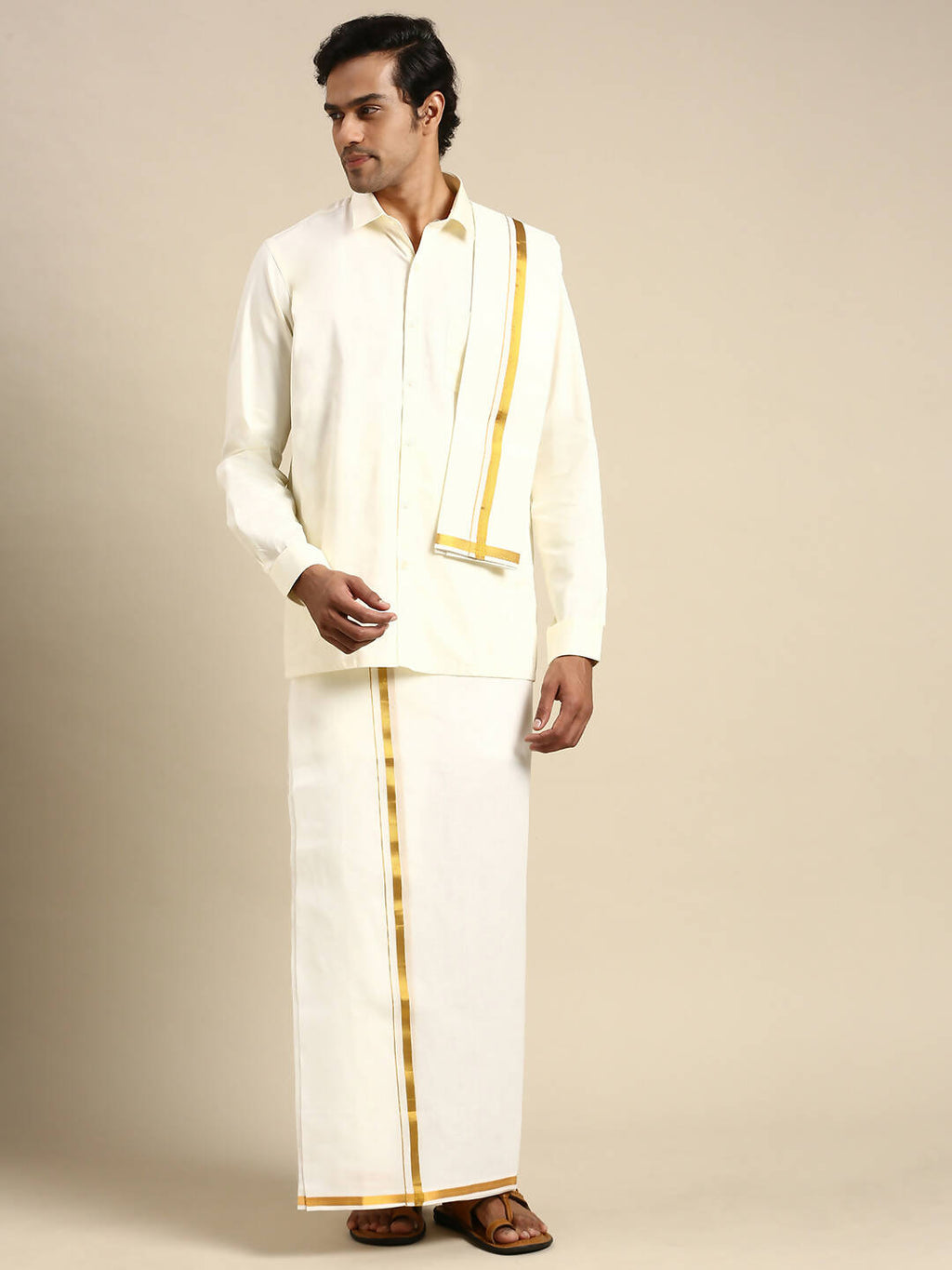Ramraj Cotton Mens Premium Wedding Cream Dhoti with shirt Bit & Towel Set | Grocsy