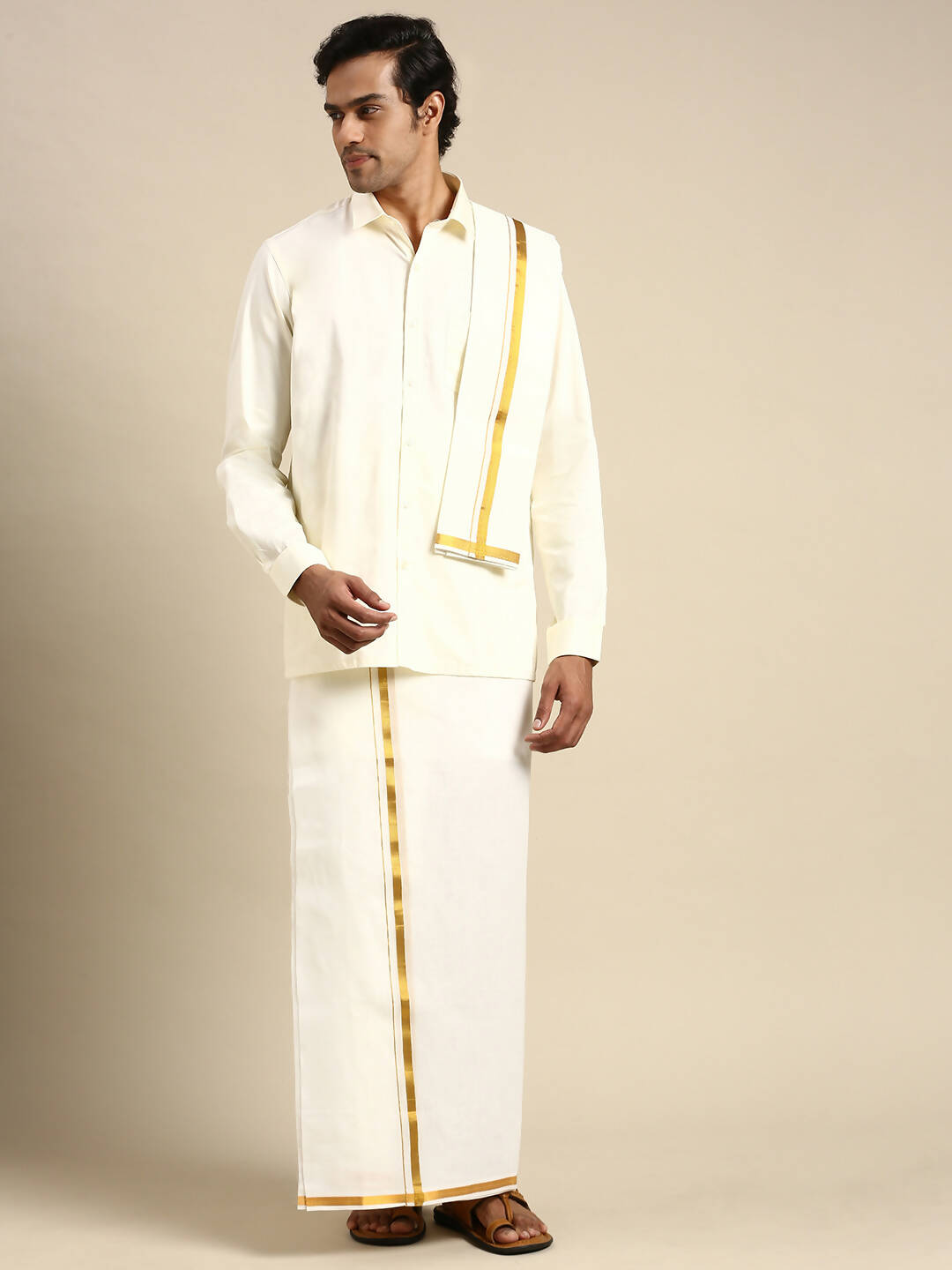 Ramraj Cotton Mens Premium Wedding Cream Dhoti with shirt Bit & Towel Set | Grocsy