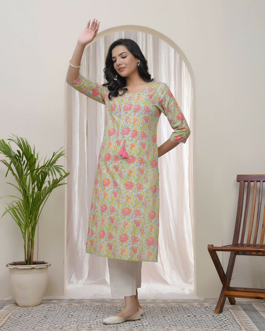 Vaasva Women Multi Cotton Printed Straight Kurti With Pant | Grocsy