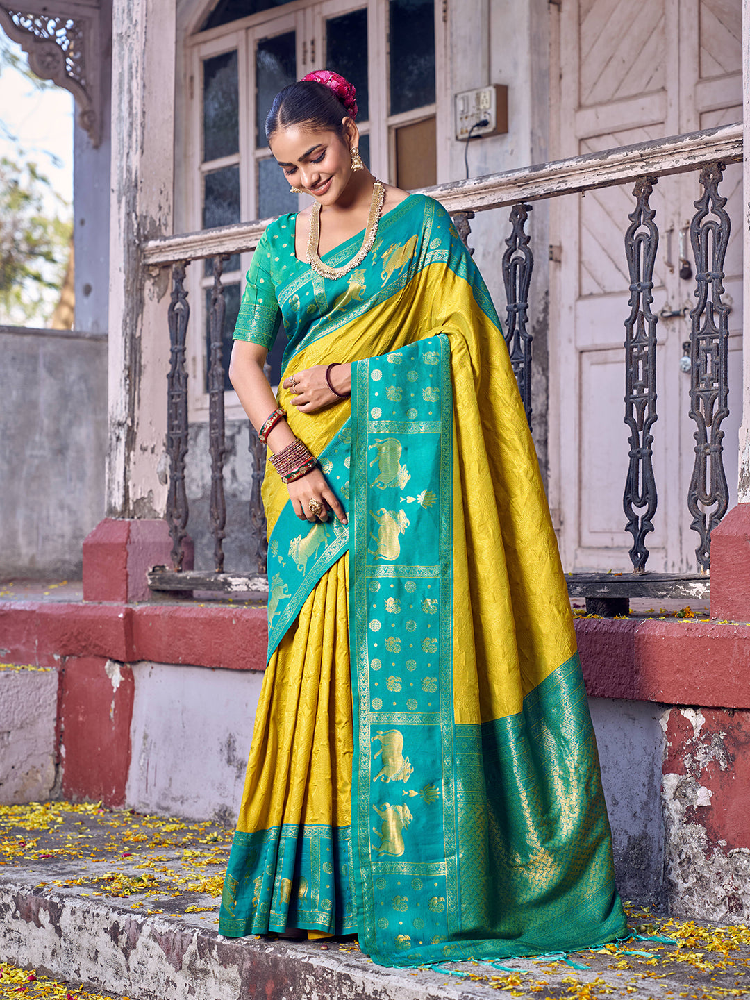 Anaita Yellow Soft Silk Woven Saree With Blouse | Grocsy
