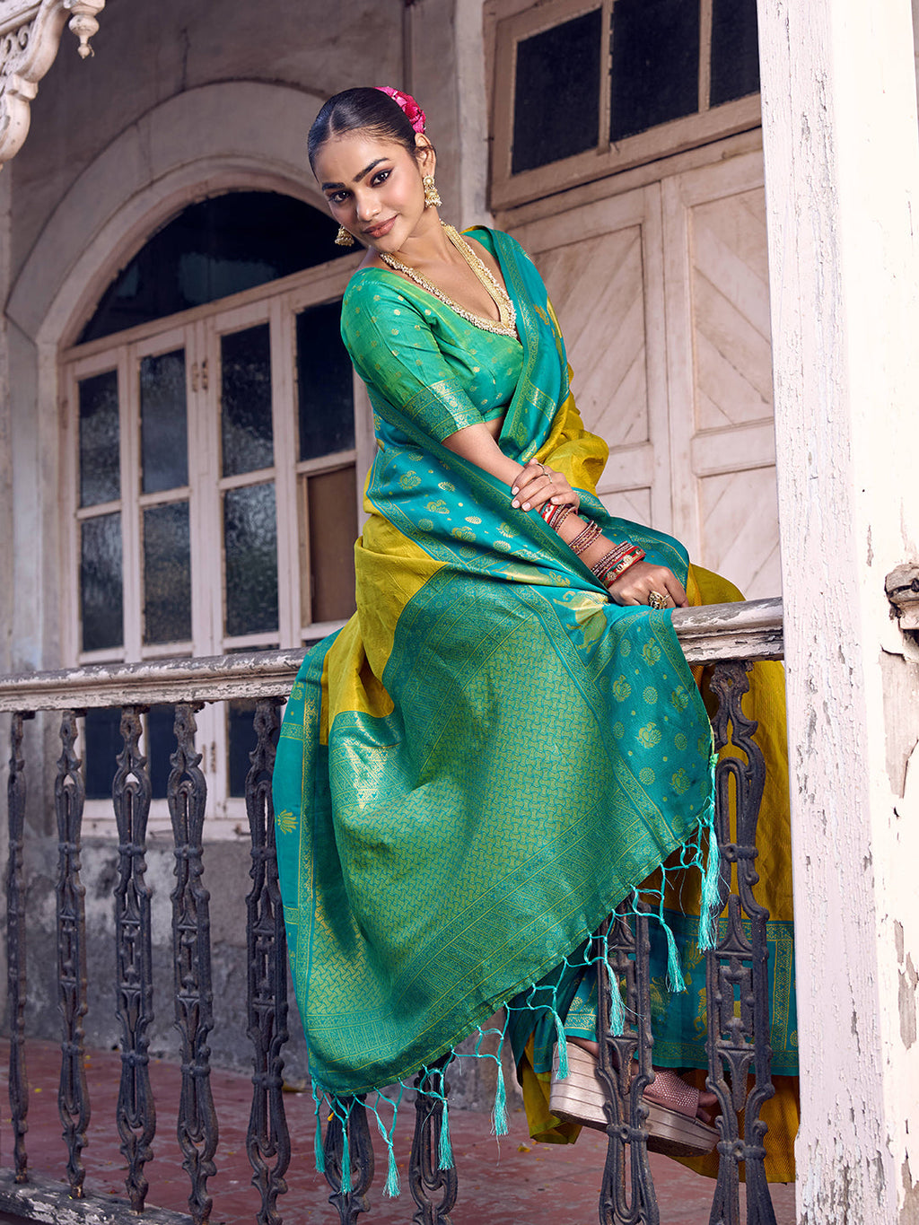Anaita Yellow Soft Silk Woven Saree With Blouse | Grocsy