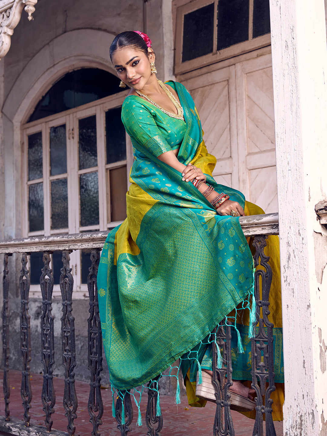 Anaita Yellow Soft Silk Woven Saree With Blouse | Grocsy