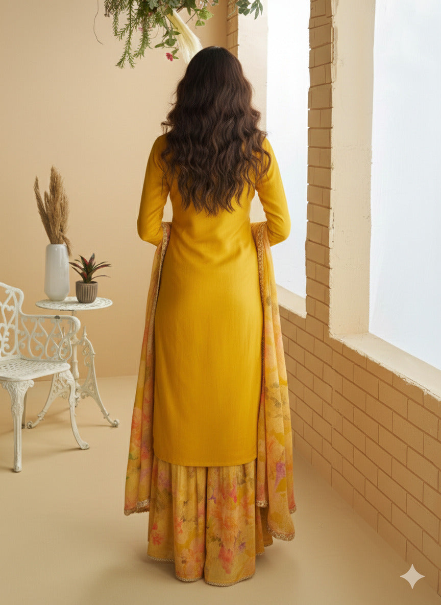 Evanik Women Yellow Chinon Silk Zari Embroidered Sequins Sharara Suit | Grocsy