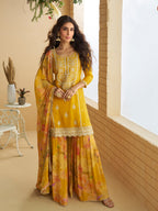 Evanik Women Yellow Chinon Silk Zari Embroidered Sequins Sharara Suit | Grocsy