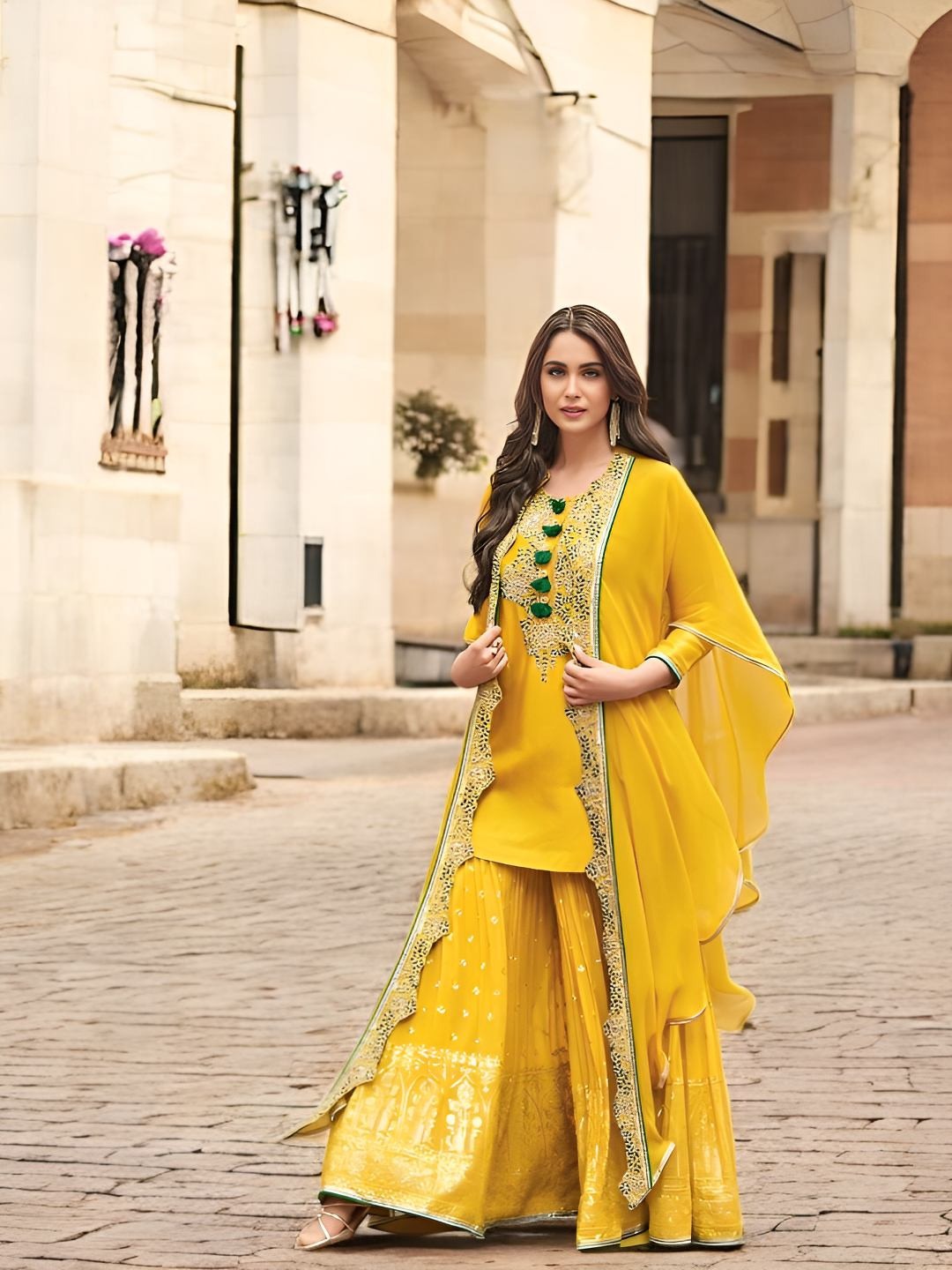 Evanik Designer Chinon Silk With Embroidered Sequence Work Plazzo Suit | Grocsy