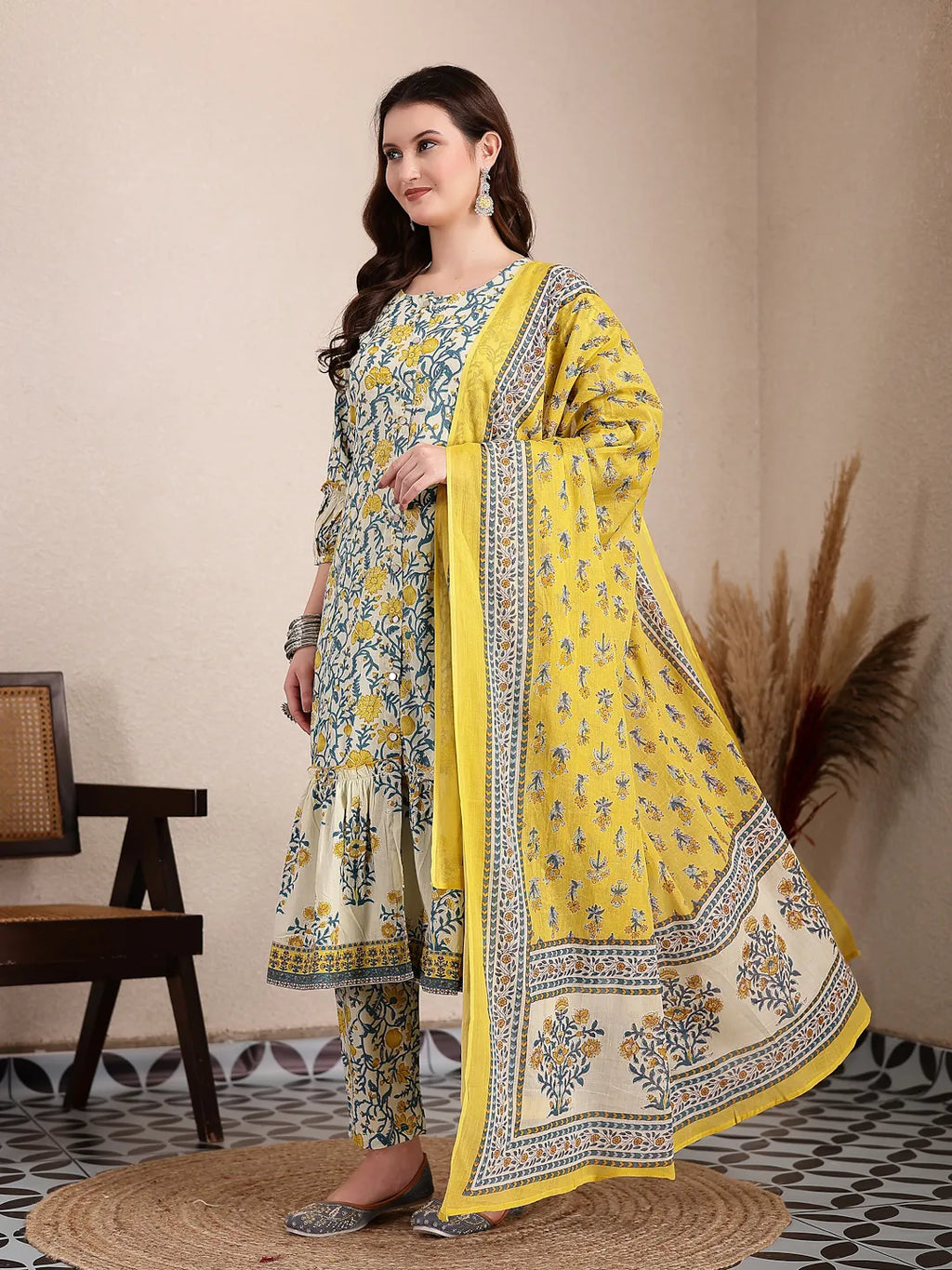 Yufta Yellow And Beige Pure Cotton Floral Print Tiered Kurta Dupatta Set | Grocsy