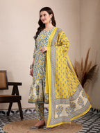 Yufta Yellow And Beige Pure Cotton Floral Print Tiered Kurta Dupatta Set | Grocsy