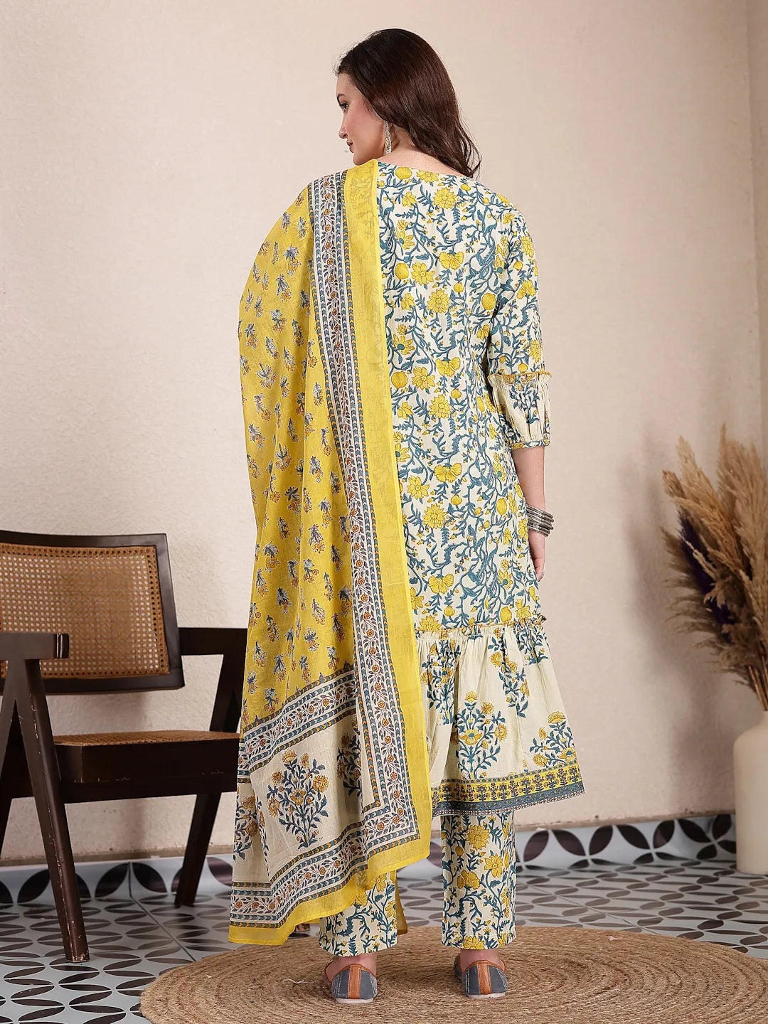 Yufta Yellow And Beige Pure Cotton Floral Print Tiered Kurta Dupatta Set | Grocsy