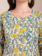 Yufta Yellow And Beige Pure Cotton Floral Print Tiered Kurta Dupatta Set | Grocsy