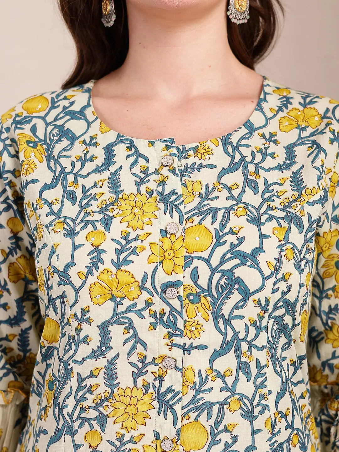 Yufta Yellow And Beige Pure Cotton Floral Print Tiered Kurta Dupatta Set | Grocsy