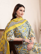 Yufta Yellow And Beige Pure Cotton Floral Print Tiered Kurta Dupatta Set | Grocsy