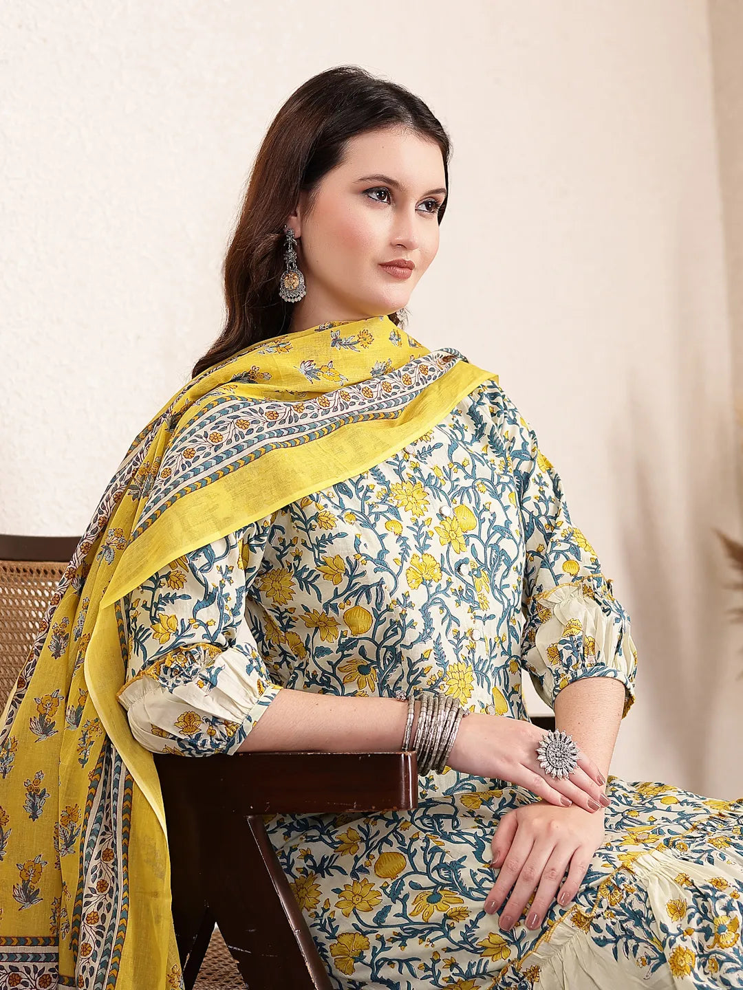 Yufta Yellow And Beige Pure Cotton Floral Print Tiered Kurta Dupatta Set | Grocsy