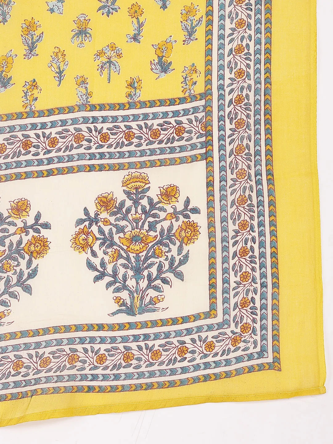 Yufta Yellow And Beige Pure Cotton Floral Print Tiered Kurta Dupatta Set | Grocsy