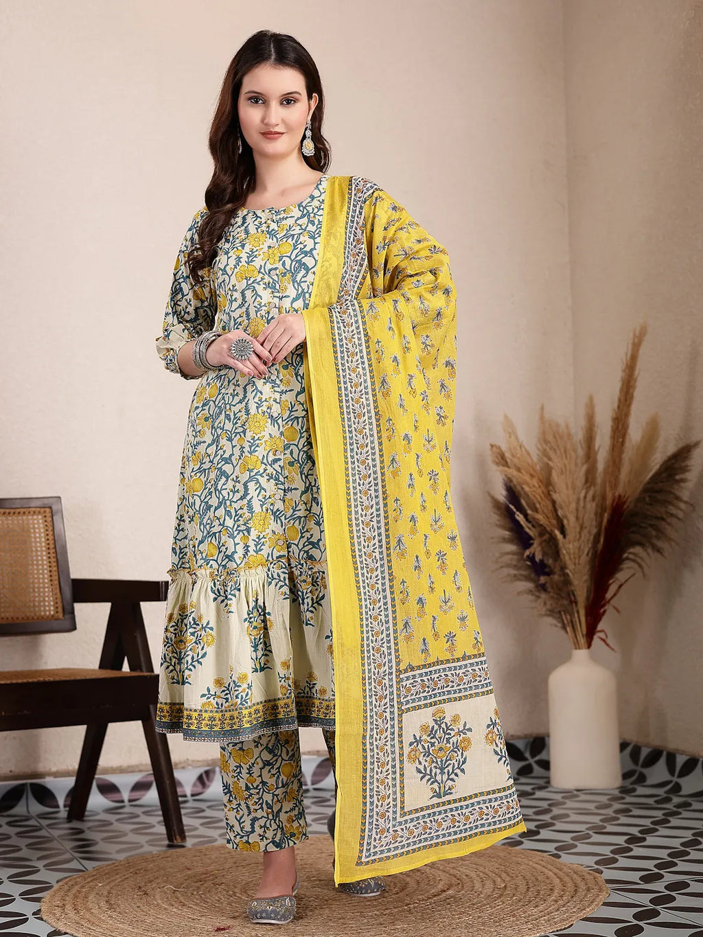 Yufta Yellow And Beige Pure Cotton Floral Print Tiered Kurta Dupatta Set | Grocsy