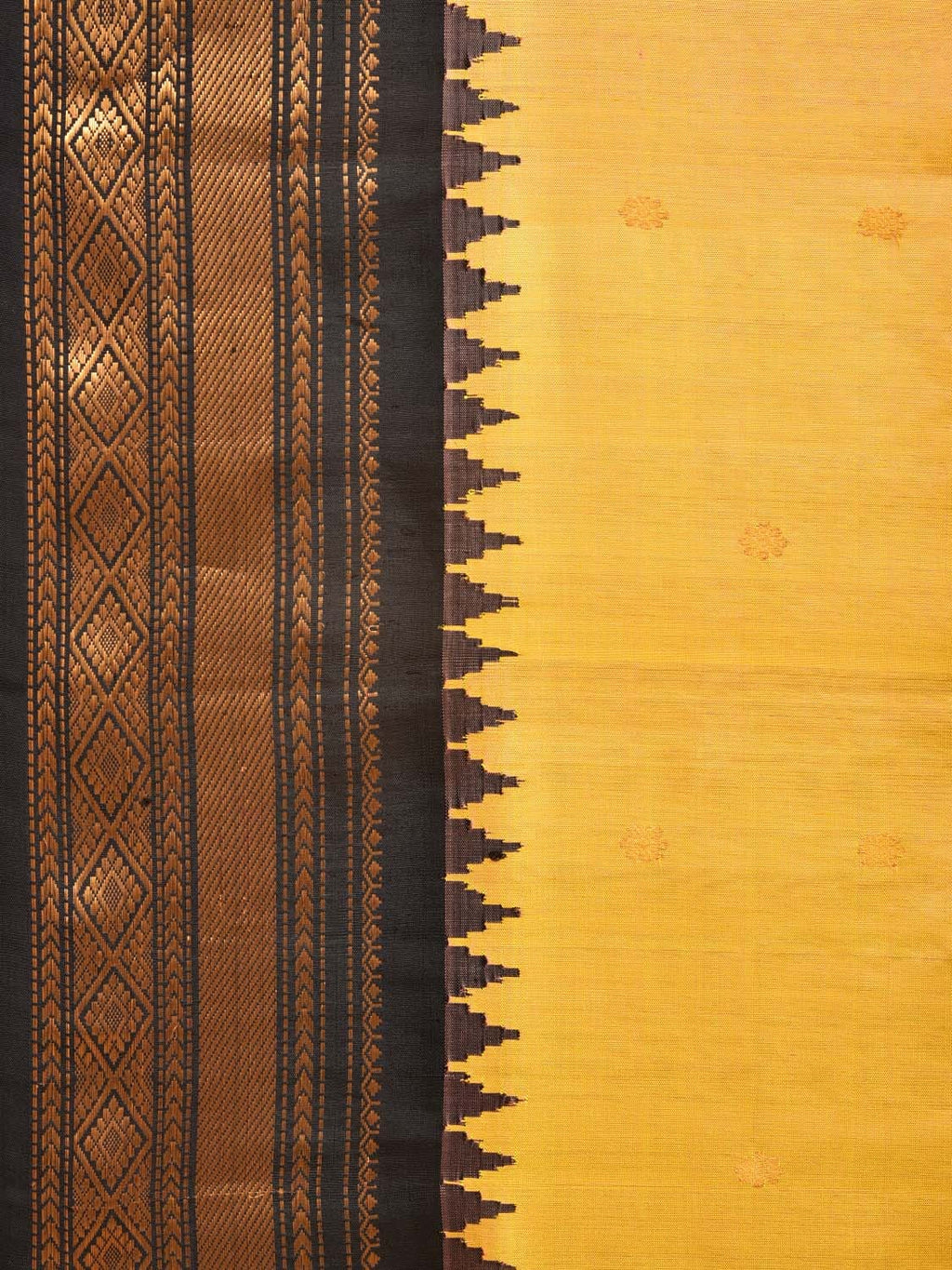 Yellow and Black Gadwal Silk Handloom Saree with Mango Pallu Design - Global Threads | Grocsy
