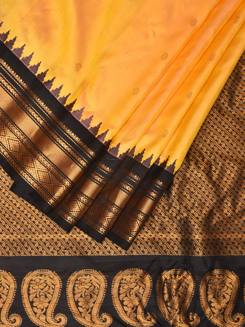 Yellow and Black Gadwal Silk Handloom Saree with Mango Pallu Design - Global Threads | Grocsy