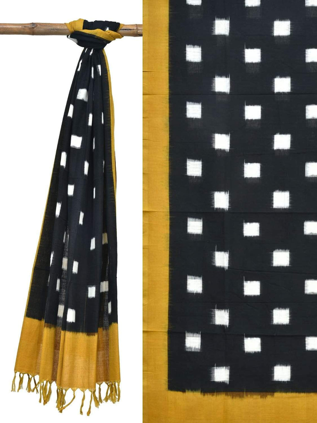 Yellow and Black Pochampally Ikat Cotton Handloom Dupatta with Square Buta Design - Global Threads | Grocsy