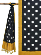 Yellow and Black Pochampally Ikat Cotton Handloom Dupatta with Square Buta Design - Global Threads | Grocsy