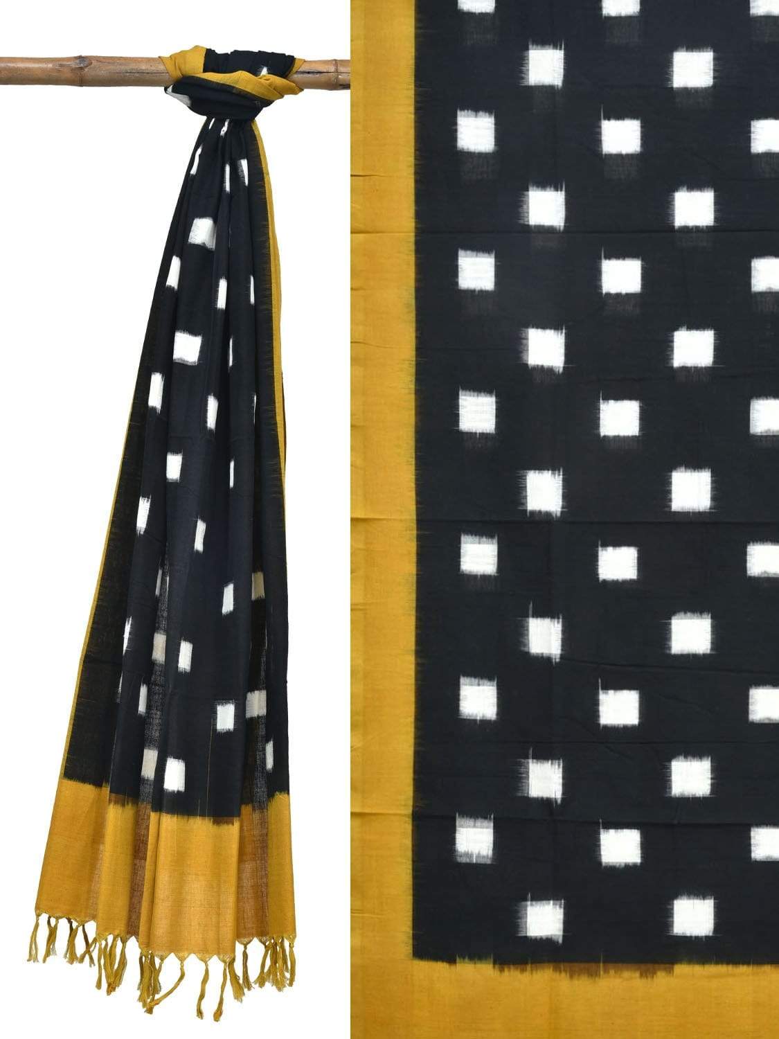 Yellow and Black Pochampally Ikat Cotton Handloom Dupatta with Square Buta Design - Global Threads | Grocsy