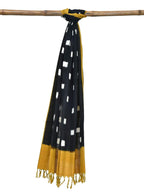 Yellow and Black Pochampally Ikat Cotton Handloom Dupatta with Square Buta Design - Global Threads | Grocsy