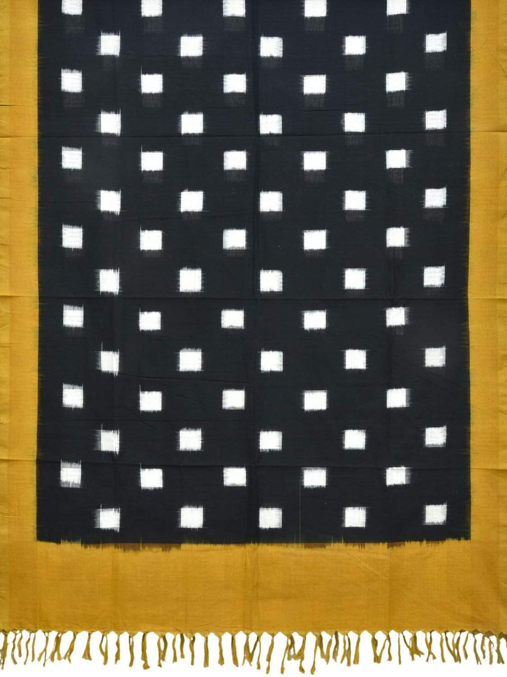 Yellow and Black Pochampally Ikat Cotton Handloom Dupatta with Square Buta Design - Global Threads | Grocsy