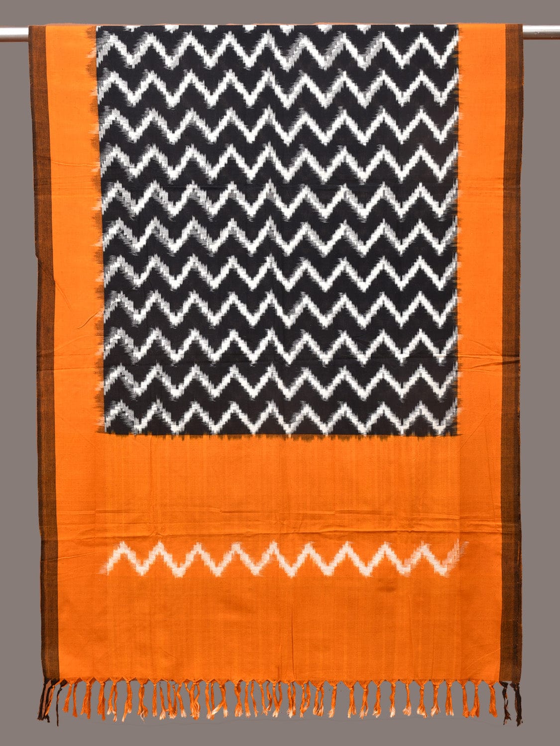 Yellow and Black Pochampally Ikat Cotton Handloom Dupatta with Zig-Zag Design - Global Threads | Grocsy