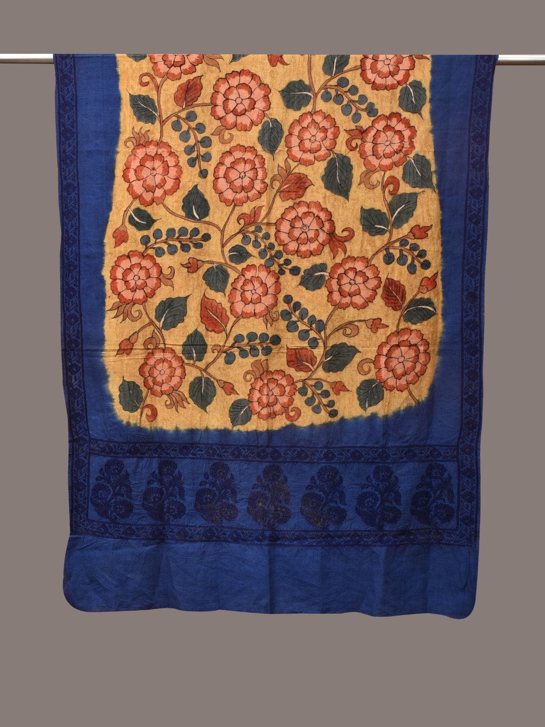 Yellow and Blue Kalamkari Hand Painted Cotton Tussar Cotton Handloom Dupatta with Floral and Embroidery Design - Global Threads | Grocsy
