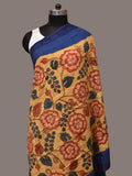 Yellow and Blue Kalamkari Hand Painted Cotton Tussar Cotton Handloom Dupatta with Floral and Embroidery Design - Global Threads | Grocsy