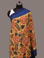 Yellow and Blue Kalamkari Hand Painted Cotton Tussar Cotton Handloom Dupatta with Floral and Embroidery Design - Global Threads | Grocsy