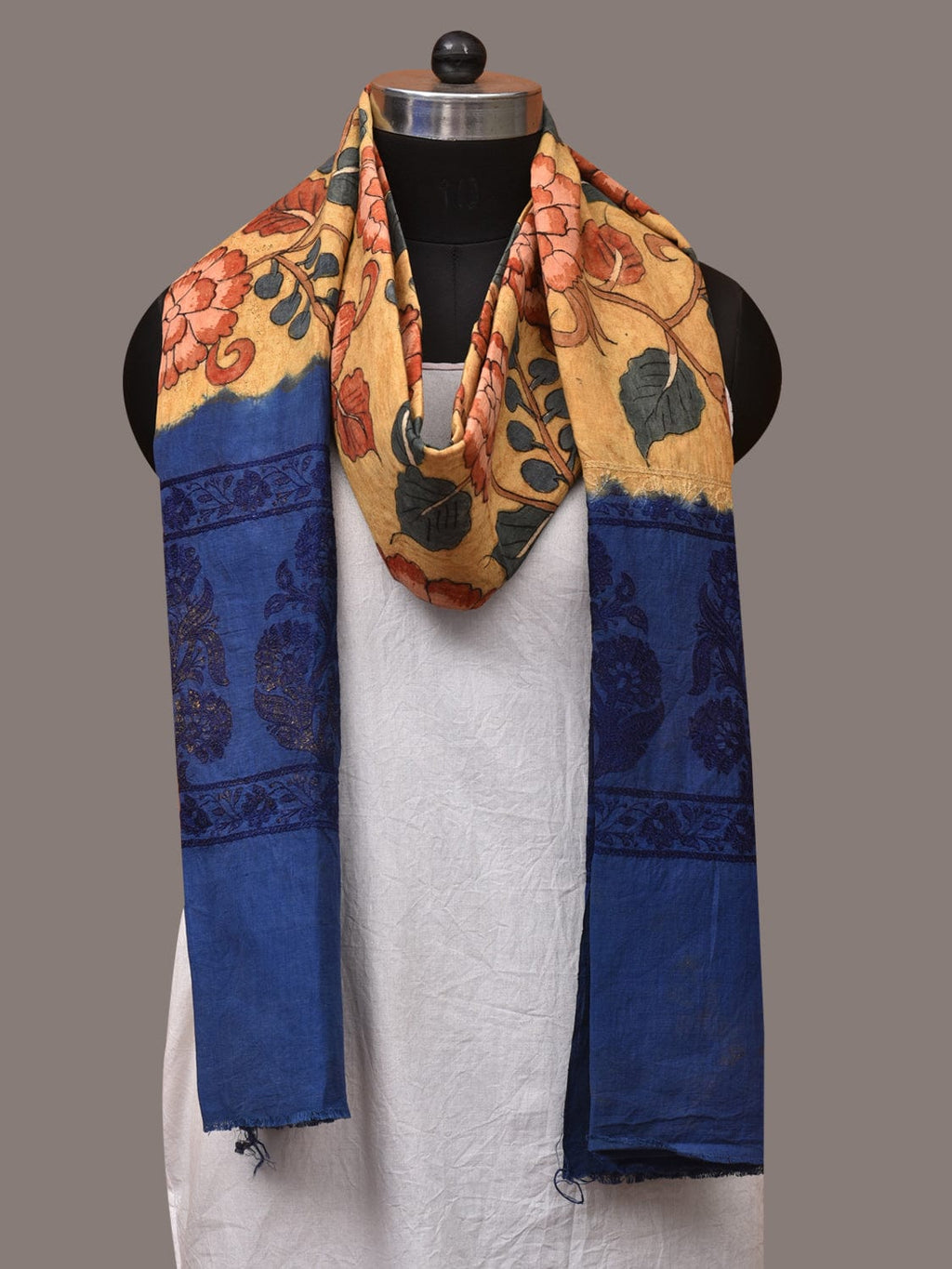 Yellow and Blue Kalamkari Hand Painted Cotton Tussar Cotton Handloom Dupatta with Floral and Embroidery Design - Global Threads | Grocsy