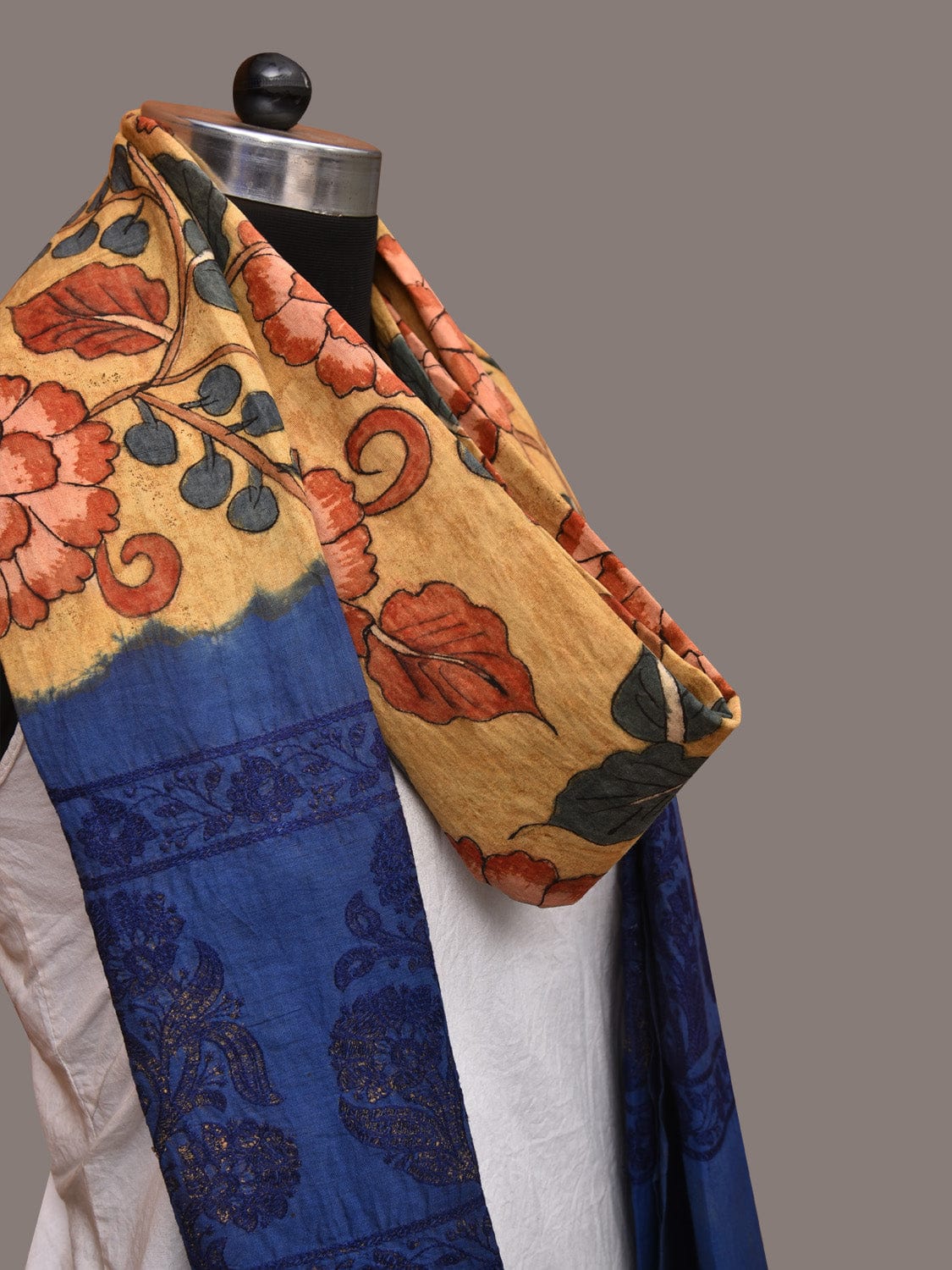 Yellow and Blue Kalamkari Hand Painted Cotton Tussar Cotton Handloom Dupatta with Floral and Embroidery Design - Global Threads | Grocsy