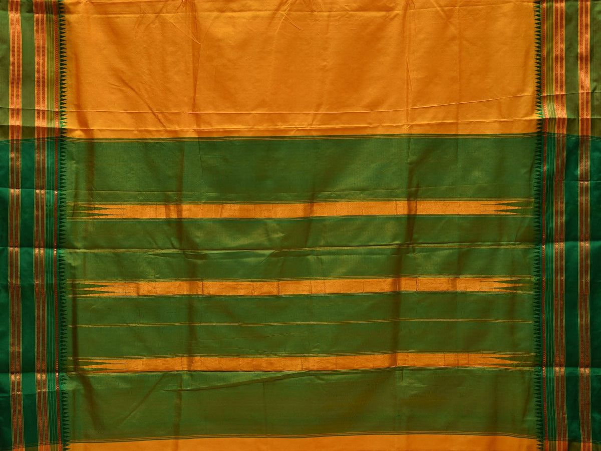 Yellow and Green Narayanpet Silk Handloom Plain Saree with Traditional Border Design No Blouse - Global Threads | Grocsy