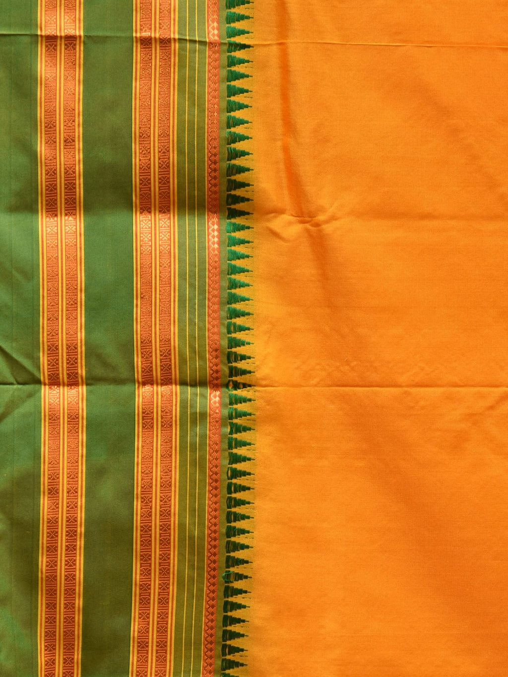 Yellow and Green Narayanpet Silk Handloom Plain Saree with Traditional Border Design No Blouse - Global Threads | Grocsy