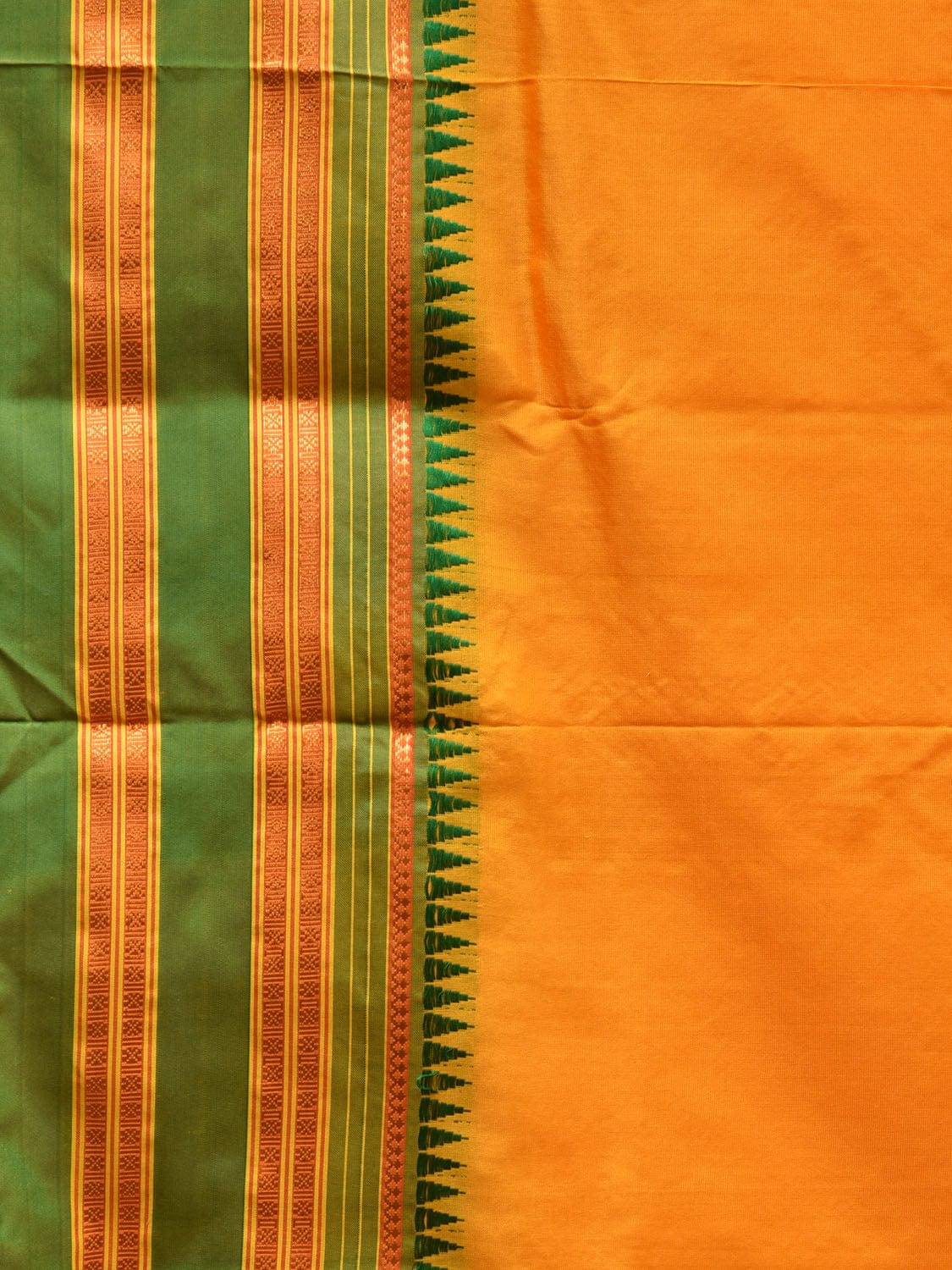 Yellow and Green Narayanpet Silk Handloom Plain Saree with Traditional Border Design No Blouse - Global Threads | Grocsy