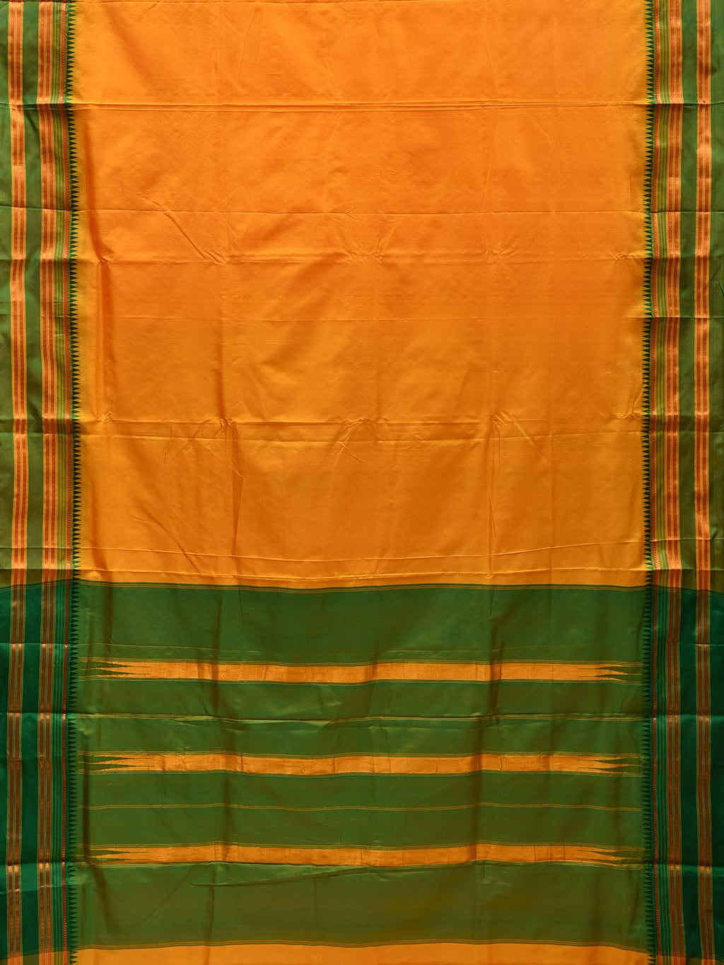 Yellow and Green Narayanpet Silk Handloom Plain Saree with Traditional Border Design No Blouse - Global Threads | Grocsy