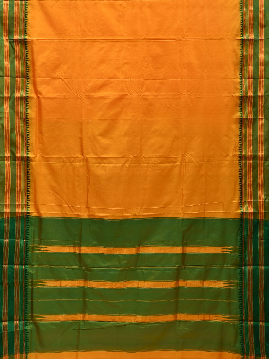 Yellow and Green Narayanpet Silk Handloom Plain Saree with Traditional Border Design No Blouse - Global Threads | Grocsy