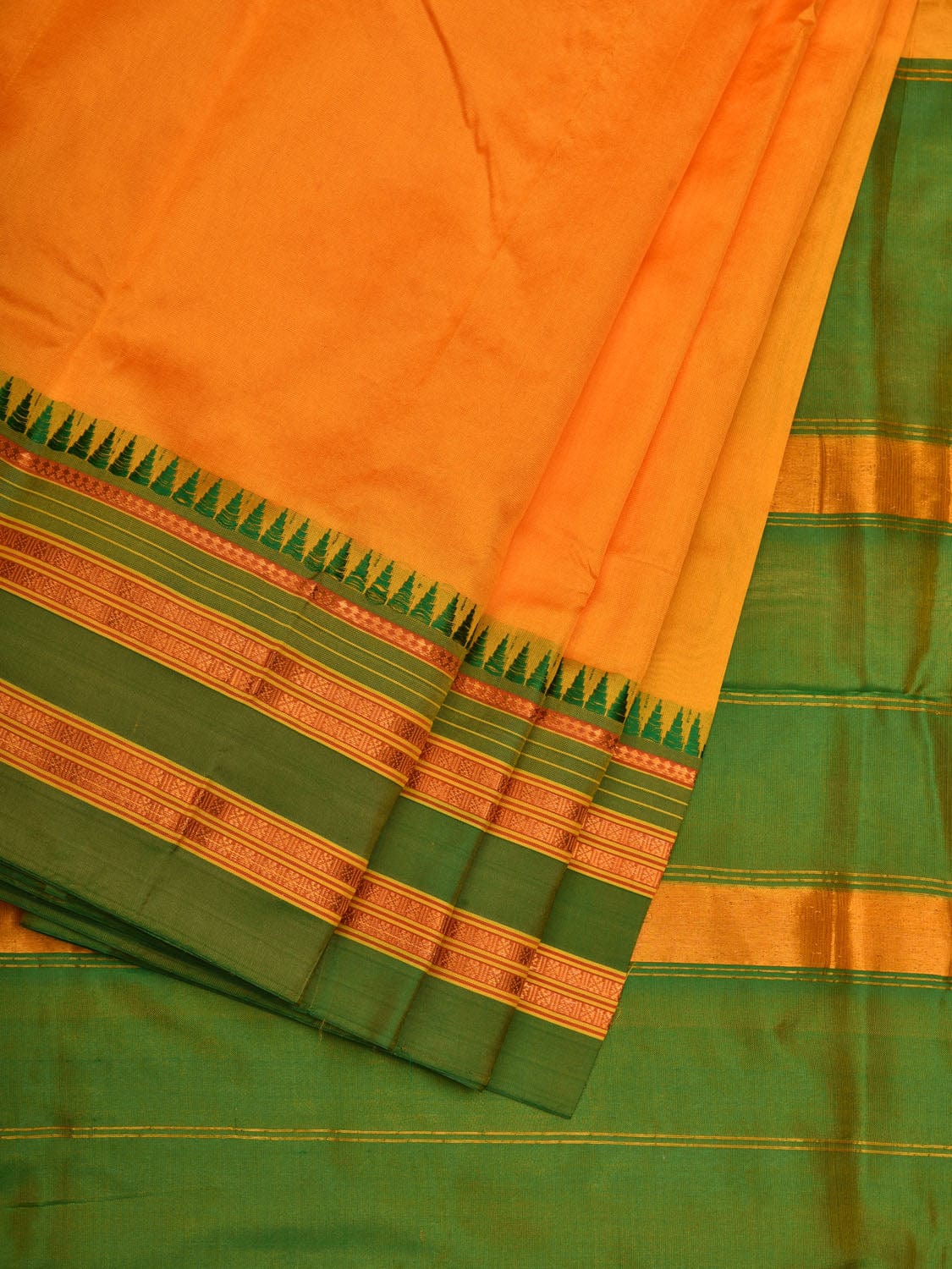 Yellow and Green Narayanpet Silk Handloom Plain Saree with Traditional Border Design No Blouse - Global Threads | Grocsy