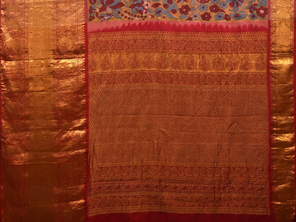 Yellow and Red Kalamkari Hand Painted Kanchipuram Silk Handloom Saree with Floral Design - Global Threads | Grocsy
