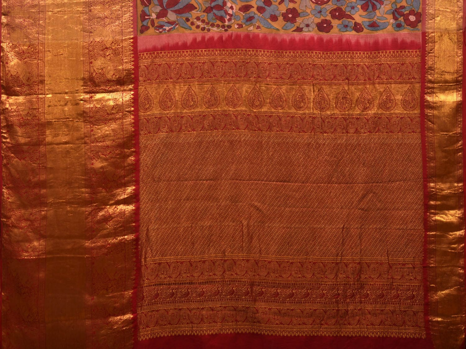 Yellow and Red Kalamkari Hand Painted Kanchipuram Silk Handloom Saree with Floral Design - Global Threads | Grocsy